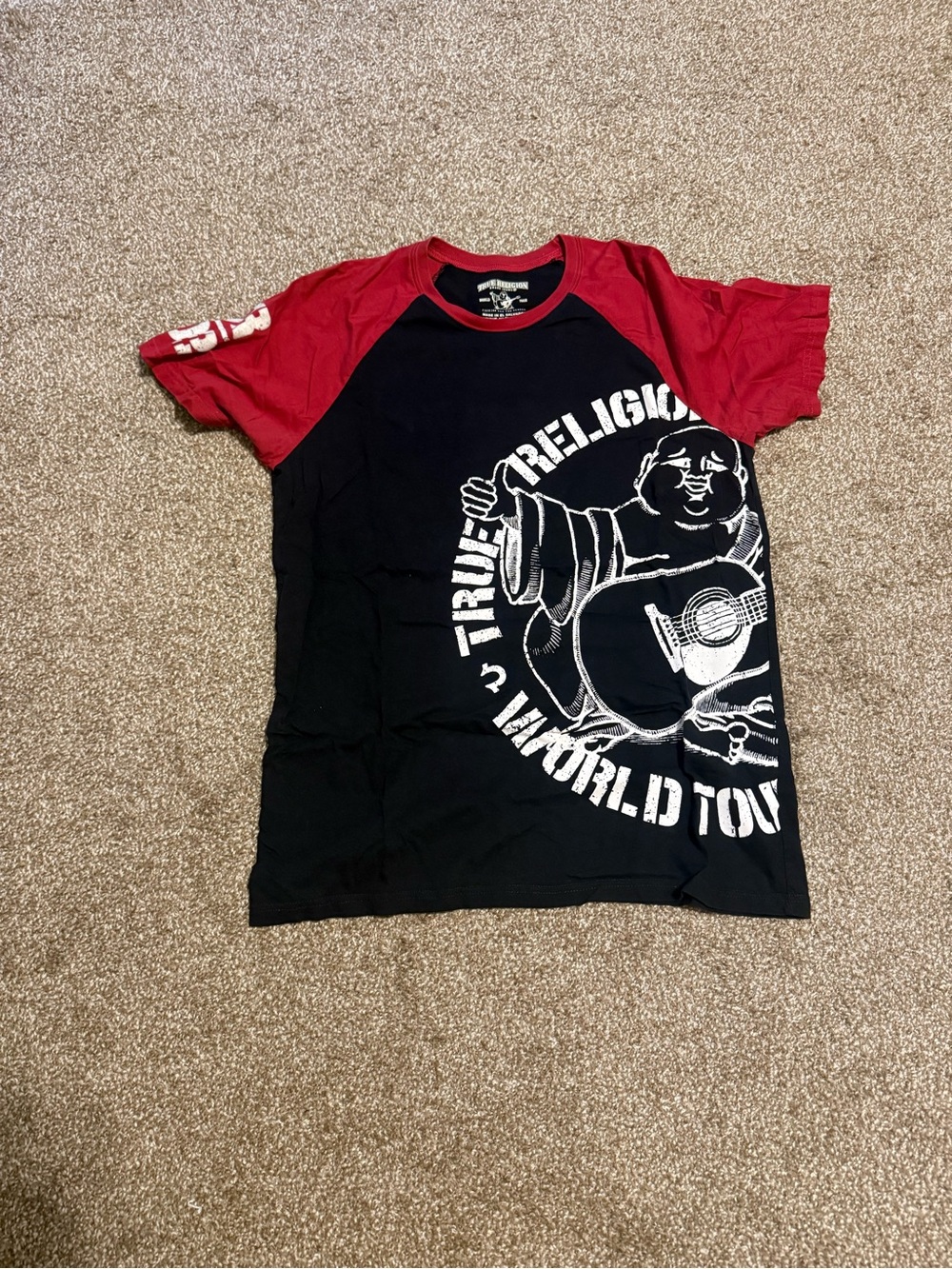Men’s True Religion Black & Red Graphic Raglan Tee with Guitar Buddha